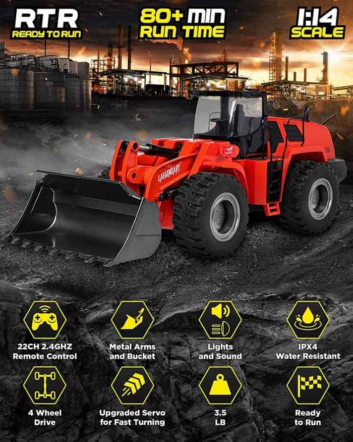 1 14 Scale 22 Channel Full Functional Remote Control Front Loader Construction Tractor, Full Metal Bulldozer Toy Can Dig up to 3.5Lbs