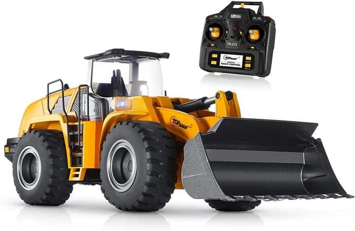 Top Race 10 Channel Full Functional Remote Control Front Loader Construction Tractor, Full Metal Bulldozer Toy Can Dig up to 3.5 Lbs, 1 14 Scale TR-213